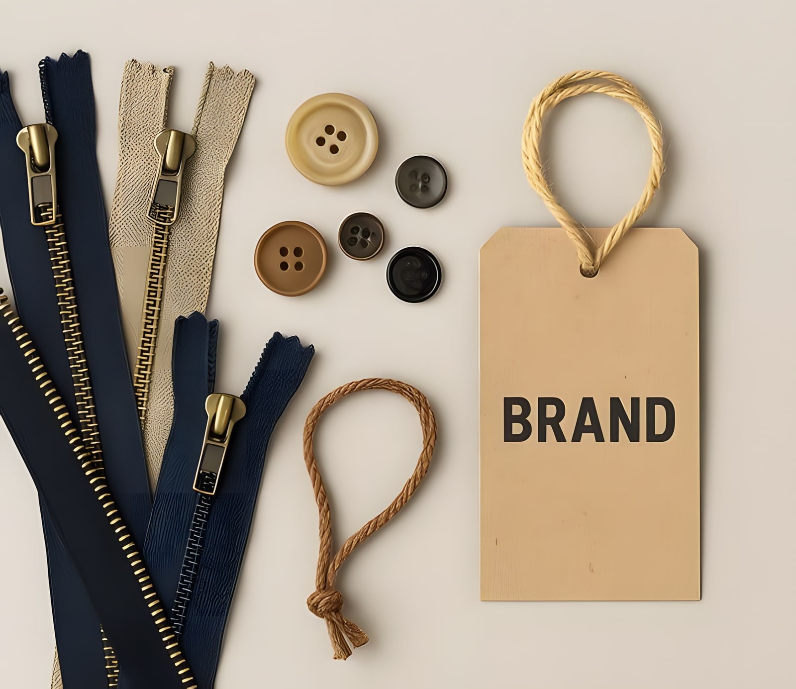 Zippers, buttons, hang tag and cord
