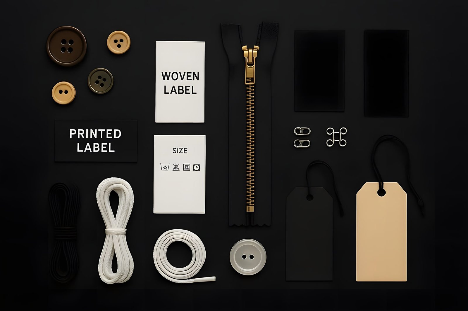 Labels, buttons, zipper, cords and hang tags
